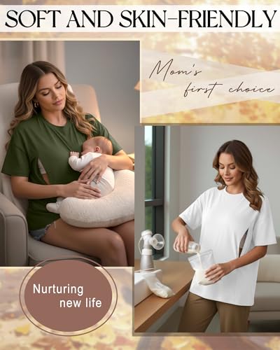 3 Pack Women's Oversize Nursing Tops - color: Khaki, White, Army Green, size: XX-Large