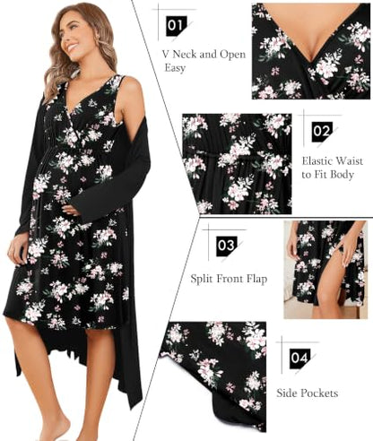 Ekouaer Maternity Nursing Gown and Robe Set Labor Delivery Nightgowns - color: Black Pink Flower, size: Medium
