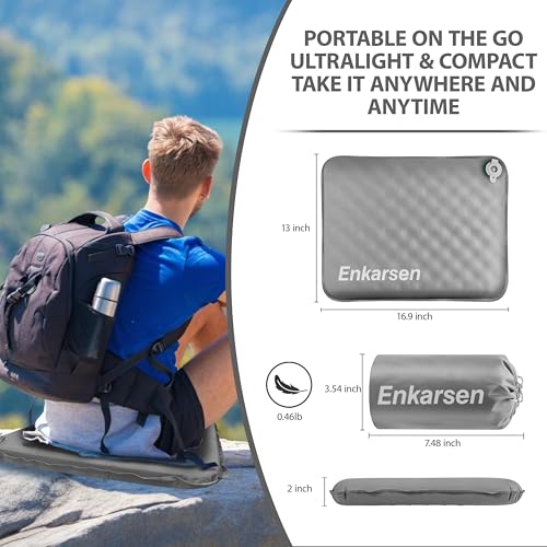 Inflatable Travel Seat Cushion – Self-Inflating Memory Foam Pad for Airplane, Stadium Bleachers, Camping, Hiking & Backpacking – Ultralight Compact & Portable Sitting Cushion (Grey) - color: Grey