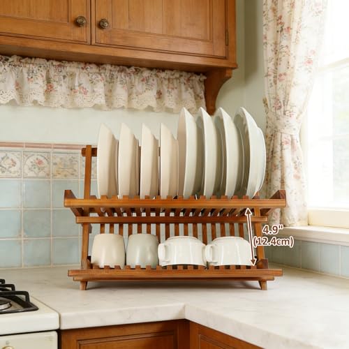 Utoplike Teak Wood Dish Drying Rack, Foldable Plate Organizer Countertop - size: 2 Tier-Compact