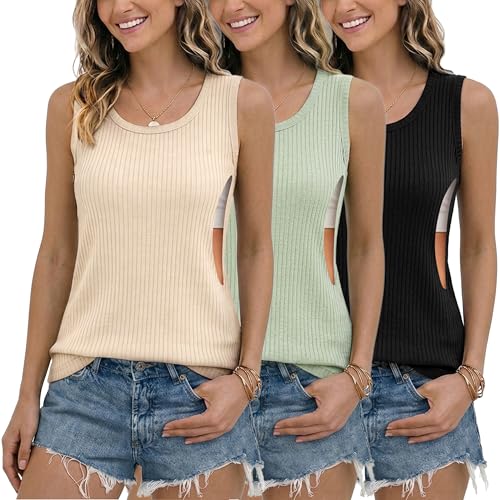 Ecavus Nursing Tank Tops for Breastfeeding, Ribbed Shirt with Hidden Zipper - color: Black+green+apricot, size: X-Large