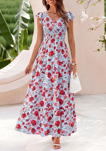 PRETTYGARDEN Women's Summer Smocked Flowy Maxi Dress - color: Floral Blue Red, size: Small