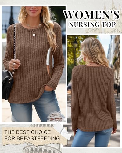 Womens Maternity Nursing Breastfeeding Ribbed Shirt - color: Brown, size: Small