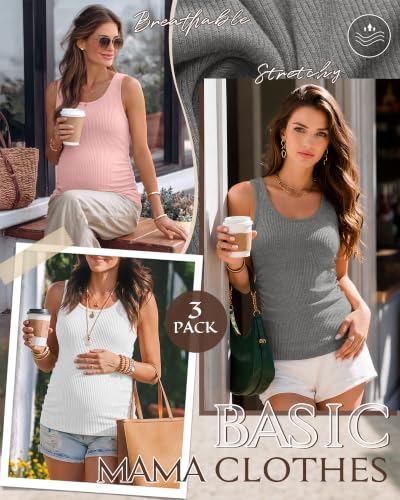 Riyiper 3 Pack Women's Maternity Tank Tops - color: Light Heather Gray, White, Light Pink, size: Large