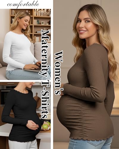 3 Pack Women's Maternity Cotton Shirts Long Sleeve - color: Coffee, White, Black, size: X-Large