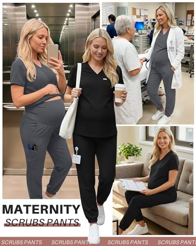 Oakgarden 2 Pack Women's Maternity Scrub Pants Pregnancy Scrubs - color: Black, Light Gray, size: Medium