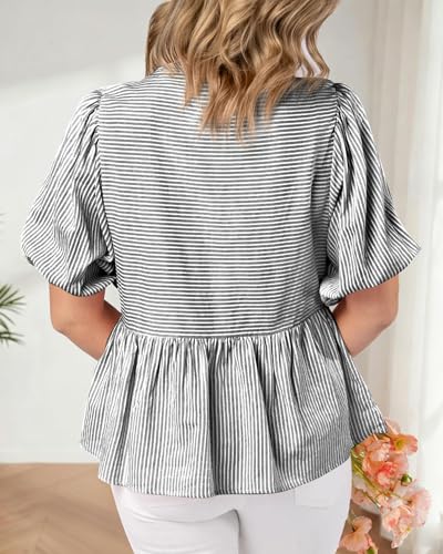 dowerme Women Lantern Sleeve Button Up Stripes Babydoll Tops - color: Black, size: Medium