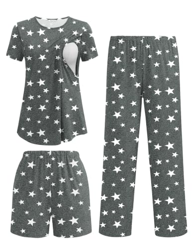 Ekouaer 3 Piece Maternity Nursing Pajamas Set Short Sleeve Breastfeeding Pjs - color: Grey Stars, size: Small