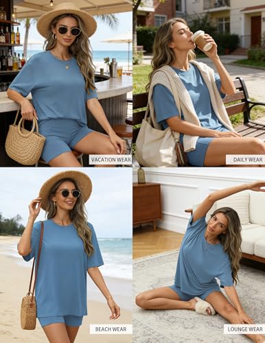 Womens Loungewear Oversized T-shirts and Biker Shorts - color: Blue, size: Medium