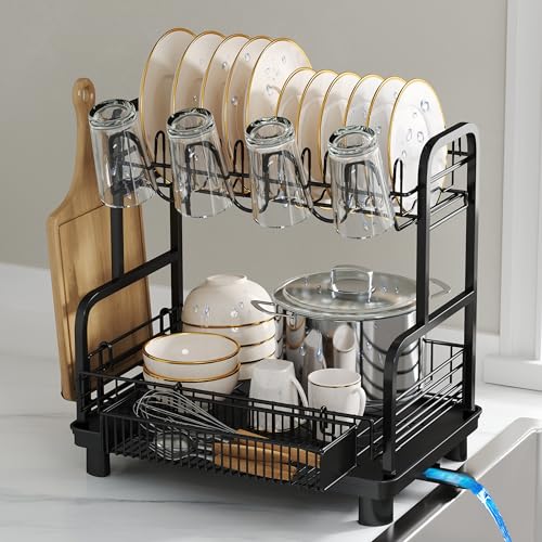 BOOSINY 2 Tier Black Dish Rack for Kitchen Counter with Utensil Holder - color: Black, size: 10.8" D x 14.7" W x 15.9" H