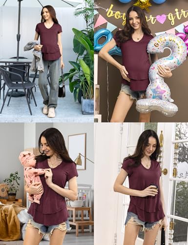 SUNNYBUY 3 PCS Maternity Breastfeeding Pajamas Set with Hidden Nursing Top - color: Burgundy, size: Small