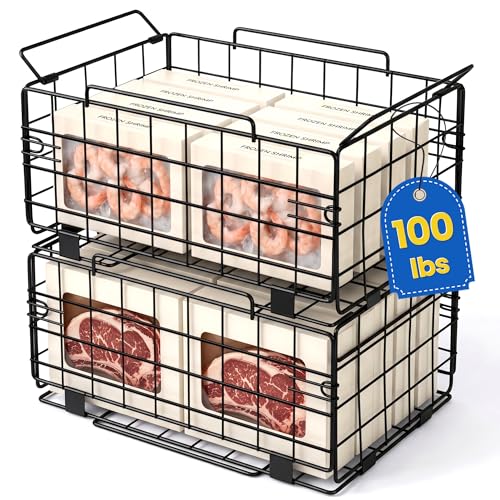 Reinforced Freezer Organizer Bins, 2 Pack Heavy Duty Metal Freezer Baskets, Stackable Deep Freezer Storage with Handles, Maximize Chest Freezer Space, No Assembly Required - size: 2 Pack