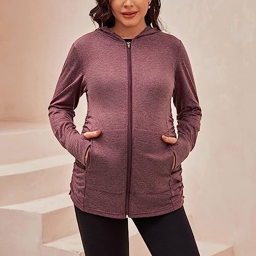 DEBELLY Maternity Sweatshirt Zip Up Hoodie Pockets Pregnancy Postpartum - color: Burgundy, size: Large
