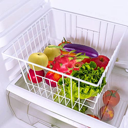 4 Pack Freezer Organizer Bins, White Wire Baskets with Handles