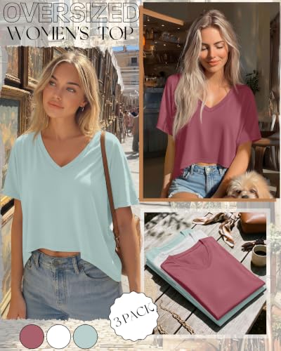Huukeay 3 Pack Women's Oversized V Neck T Shirts - color: Berry, White, Aqua, size: Small