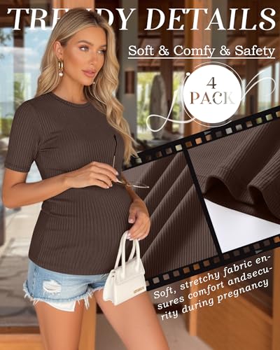 4 Pack Womens Maternity Shirts Work Tees - color: Apricot, Brown, Black, Black, size: Large