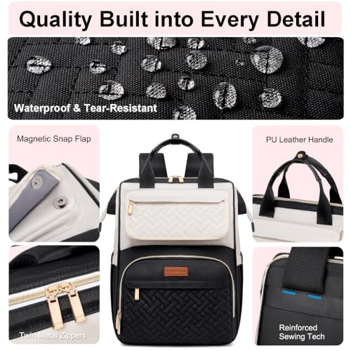 Lunch Backpack For Women, 15.6 Inch Laptop Backpack with Lunchbox - color: Black/Beige
