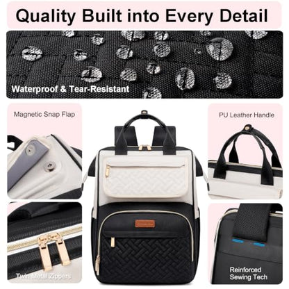 Lunch Backpack For Women, 15.6 Inch Laptop Backpack with Lunchbox - color: Black/Beige