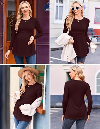 Ekouaer Maternity Shirts 3 Pack Pleated Long Sleeve Tops Pregnancy Clothes - color: Black/Green/Dark Red, size: Medium