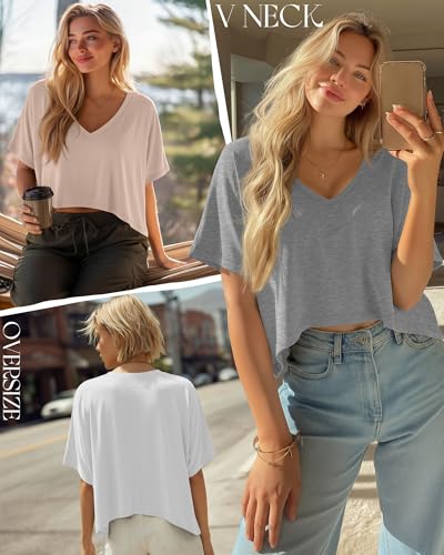 Huukeay 3 Pack Women's Oversized V Neck T Shirts - color: Apricot, Light Heather Gray, White, size: XX-Large