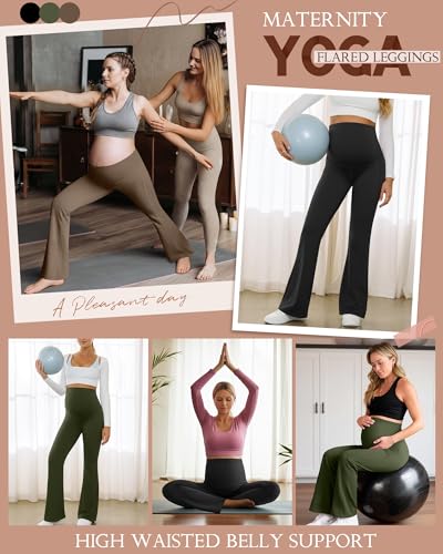 3 Pack Maternity Over The Belly Flared Leggings Pants - color: Coffee, Army Green, Black, size: Small