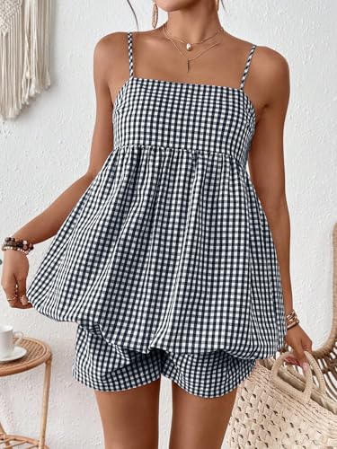 SweatyRocks Women Maternity 2 Piece Outfits Gingham Cami Top Shorts Sets - color: Dark Blue and White, size: Small
