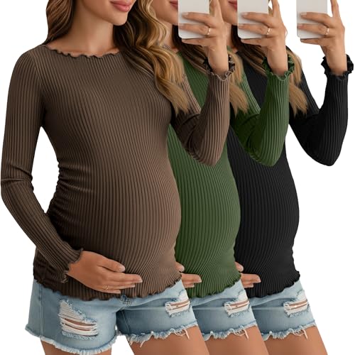 3 Pack Women's Maternity Cotton Shirts Long Sleeve - color: Coffee, Army Green, Black, size: Small