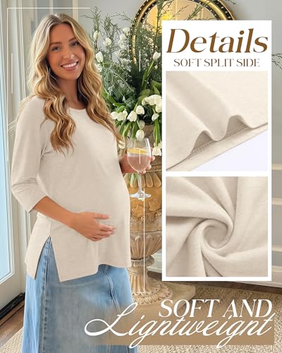 3 Pack Women's 3/4 Sleeve Maternity Loose Crewneck Tops - color: Cream, Khaki, Coffee Grey, size: Medium