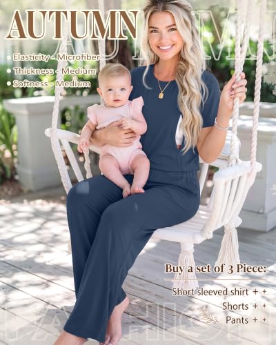 3 Piece Postpartum Nursing Pajamas Set Nursing Lounge Set - color: Haze Blue, size: Small