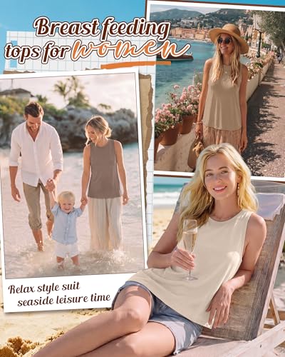 4 Pack Women Nursing Tank Tops Breastfeeding - color: Beige, Ivory Apricot, Coffee, Black, size: Large