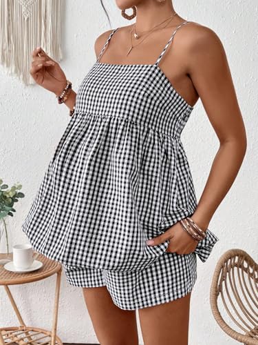 SweatyRocks Women Maternity 2 Piece Outfits Gingham Cami Top Shorts Sets - color: Black and White, size: X-Small