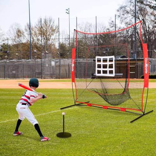 ZENY 5'x5' / 7'×7' Baseball Softball Practice Net Hitting Batting Catching Pitching Training Net with Carry Bag, Baseball Training Equipment - style: 7x7ft- White Strike Zone