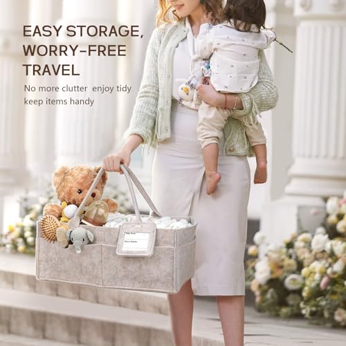 Diaper Caddy Organizer - Large Baby Caddy Organizer with Handle (Oatmeal) - color: Oatmeal