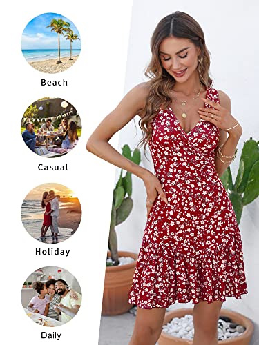 FENSACE Women Summer Sleeveless Sexy Wrap V Neck Mini Dress - color: Blue Orange, size: Medium