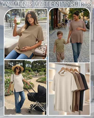 Riyiper 4 Pack Women's Short Sleeve Maternity T Shirts - color: Black, Coffee, Khaki, Cream, size: X-Large