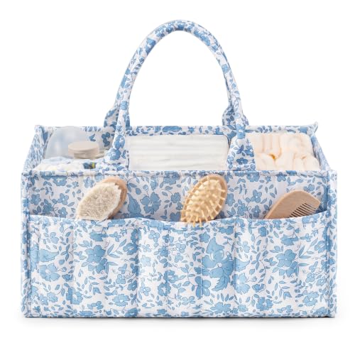 Quilted Diaper Caddy Organizer with Handle, Portable Nursery Storage Basket - color: Blue‌ Flower