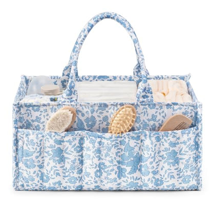 Quilted Diaper Caddy Organizer with Handle, Portable Nursery Storage Basket - color: Blue‌ Flower