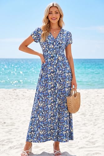 OUGES Women's Wrap V Neck Summer Maternity Photoshoot Dress with Pockets - color: Blue Floral, size: Medium