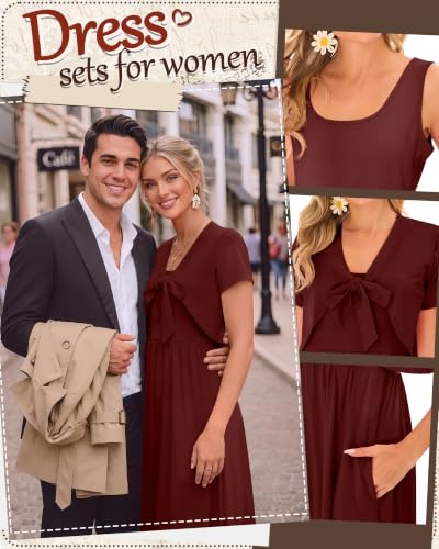 Women's Maxi Sundress Cropped Cardigan Set - color: Burgundy, size: Large