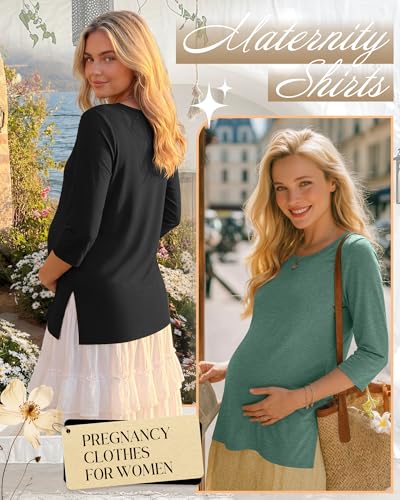 3 Pack Women's 3/4 Sleeve Maternity Loose Crewneck Tops - color: Brick Red, Emerald Green, Black, size: Small