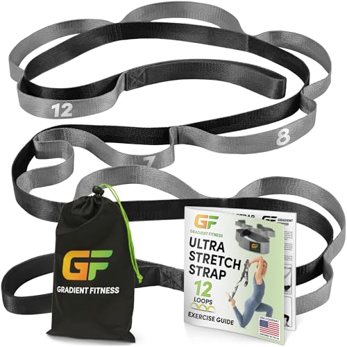 Physical Therapy Yoga Stretch Strap with 12 Loops, 1 Inch Wide, 8 Ft Long - color: Black/Grey
