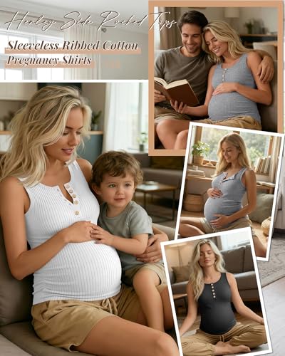 3 Pack Maternity Tank Tops Ribbed Tops - color: Light Heather Gray, White, Black, size: Large