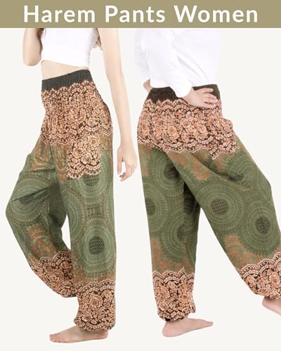 Boho Pants 2-Pocket Flowy Harem Pants Women for Yoga Travel Hippie Clothes - color: Honeycomb Olive, size: Medium
