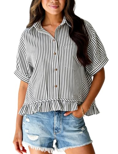 Flygo Womens Cropped Striped Button Down Shirts Ruffle Peplum Tops - color: Black, size: Medium