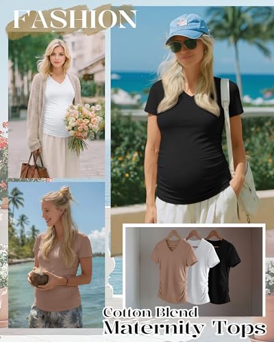 Ficerd 3 Pack Women's Maternity Shirts V Neck Coton Blend Pregnancy Tops Short Sleeve Side Ruched Summer Mama Clothes - color: Black, White, Khaki, size: Large