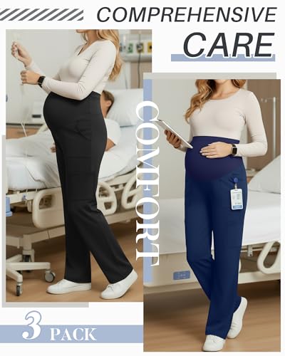 3 Pack Women's Maternity Scrub Pants with 6 Pockets - color: Black, Dark Gray, Navy Blue, size: Small