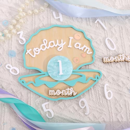 Wooden Mermaid Monthly Milestone Cards - Seashell Newborn Baby 1-12 Months Milestone Set, Baby's First Year Set, Mermaid Nursery Decor (Green Seashell Monthly Card) - color: green seashell monthly card