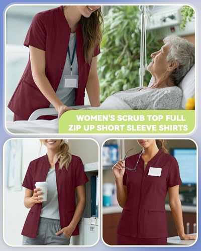 Oakgarden Womens Scrub Top Short Sleeve Nurse Shirts - color: Wine Red, size: Medium