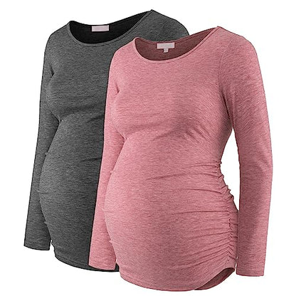Maternity Shirt Long Sleeve Basic Top Ruch Sides Bodycon Tshirt for Pregnant Women - color: Dark Grey/Rose, size: Large