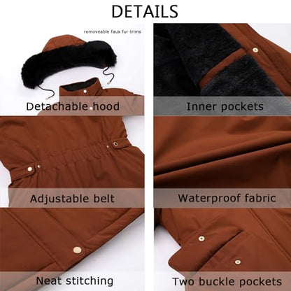 MOERDENG Women's Long Winter Down Coat Thicken Fleece Lined Puffer Jacket - color: Brown, size: Large
